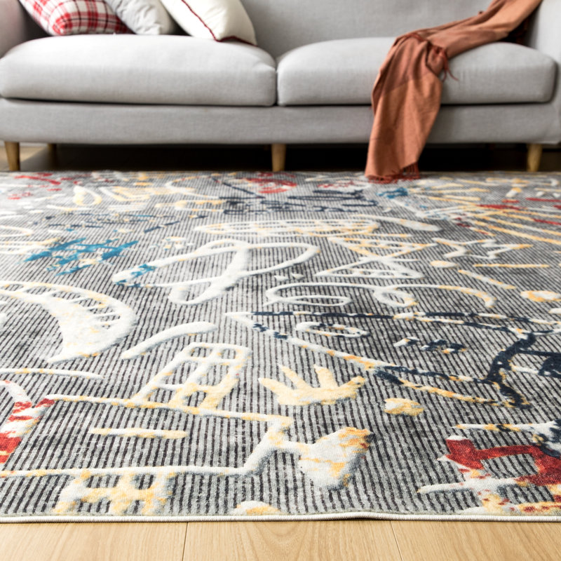 Tapis gris anthracite lavable à la machine Merzglyphs by Katie Merz, Rectangulaire : 7 pi 9 po x 9 pi 9 po