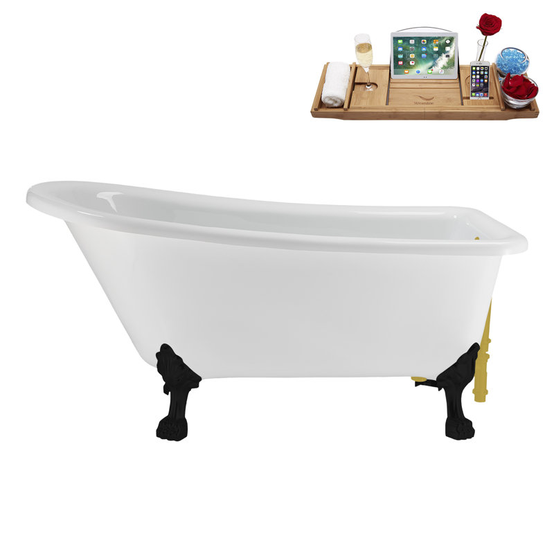 58" Streamlin Clawfoot Tub,Tray,Drain, Clawfeet, Matte Black, Brushed Gold