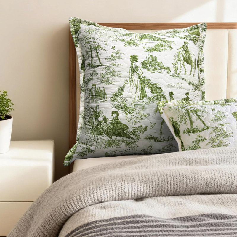 Toile Quilted Pillow Covers Farmhouse French Country Vintage Printed Pattern Decorative Square for Home Sofa Bedroom Bed Decor