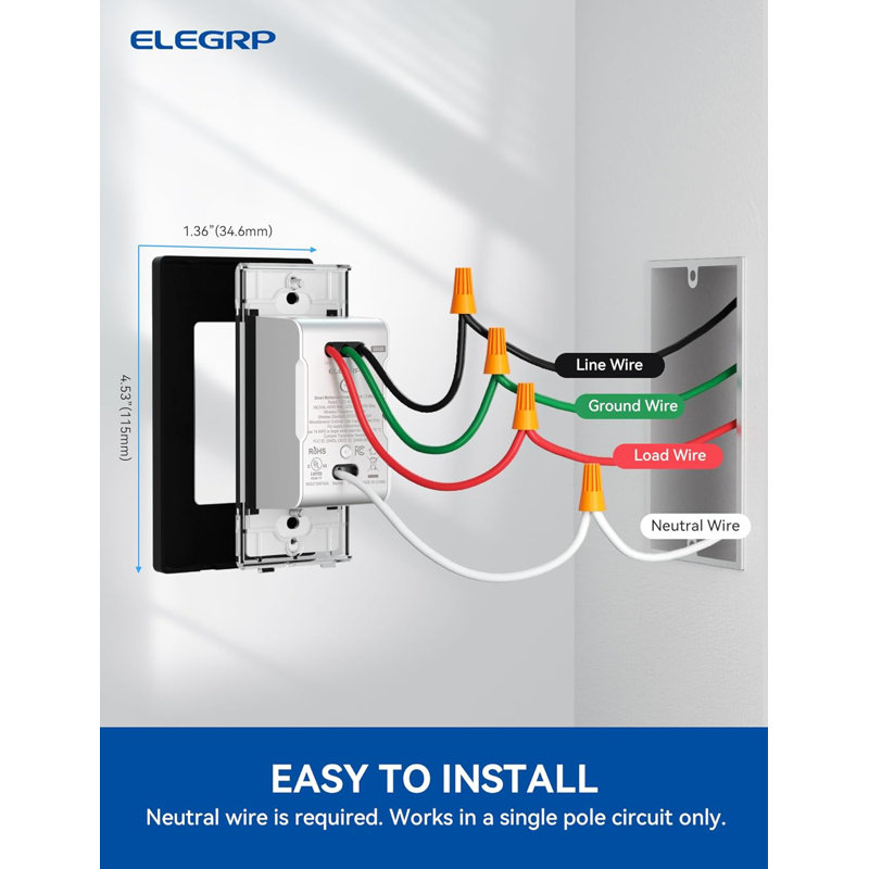 Interrupteur de lumière à capteur intelligent ELEGRP, unipolaire / 3 voies, gradateur Wi-Fi 2,4 Ghz compatible avec Alexa et l'assistant Google, contrôle de l'application, fil neutre requis, homologué UL, aucun concentrateur requis, blanc 1 PC
