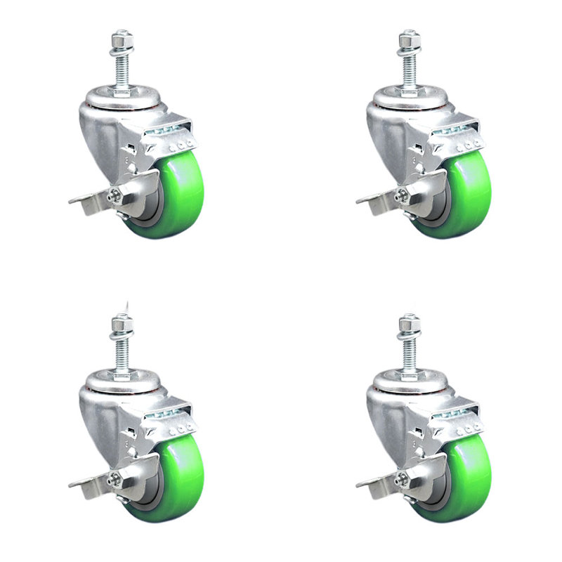 Ensemble de roulettes à tige filetée 3 pouces en polyuréthane pivotant 3 pouces SCC, Vert