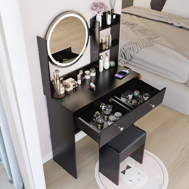 Table de coiffeuse à miroir DEL avec tabouret rembourré, 2 prises CA + 2 prises USB, luminosité réglable, 3 couleurs de lumière, grand rangement