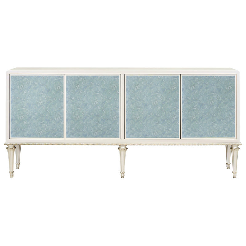 Élégante armoire en blanc perle et argent avec panneaux de verre et porte de rangement décorative avec pieds décoratifs