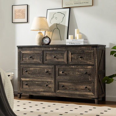  51 " Farmhouse Dresser with 7 Drawers, Wood Chest of Drawers for Bedroom,Dark Rustic Oak