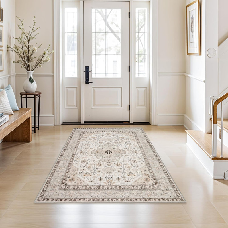 Rug Kitchen - Hallway Non Slip Washable Oriental Soft Indoor Neutral Carpet for Entry Bedroom Farmhouse Low Pile Stain Resistant Hall Rugs Long Thin Front Door Mat - Ivory