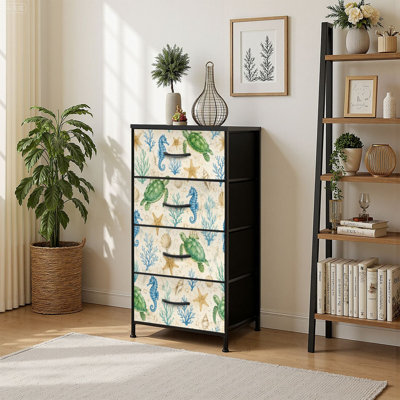 4 Drawer Vertical Storage Dresser Marine Life Turtles Seahorses with Wood Top Fabric Pull Drawers