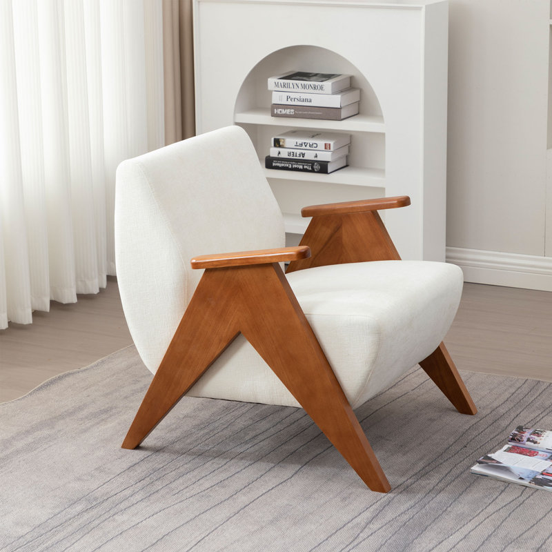 Kyajah 27.5" W Chenille Solid Wood Armchair, Beige