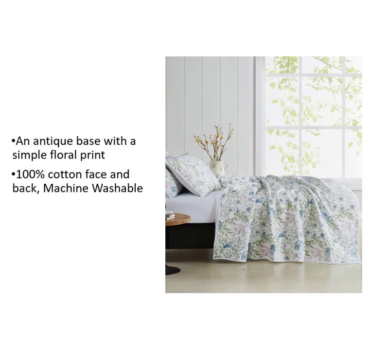 Blue Floral Cotton Reversible Twin Quilt Set