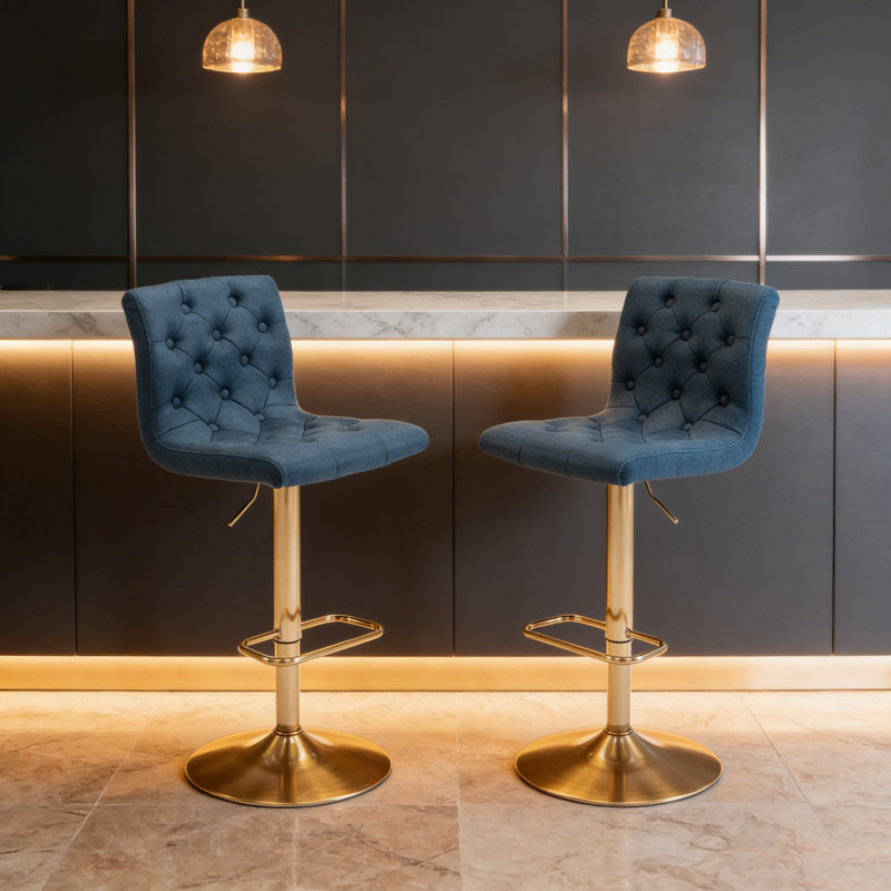 Tufted Fabric Bar Stools Set of 2, Adjustable Swivel Counter Height Barstools with Back, Upholstered Armless Airlift Bar Chairs for Kitchen Dining Cafe