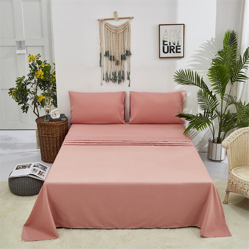 Solid Color Sheet Set 4 PCs Bedding Sheet Set 1 Fitted Sheet 1 Flat Sheet 2 Pillowcases, Queen Sheet Set with 2 Pillowcases