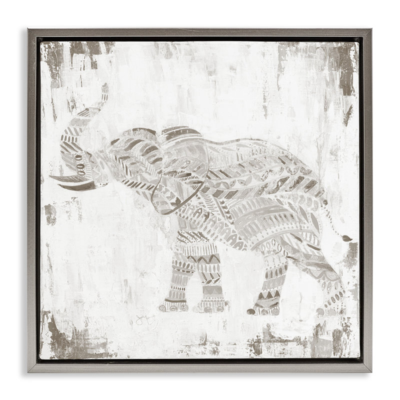 «Boho Stripes Elephant», art par Janet Tava, Cadre flottant gris lustré, H 18 po x l 18 po