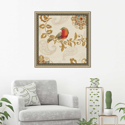 «Bird Rainbow Red», reproduction d'aquarelle encadrée sur toile tendue beige