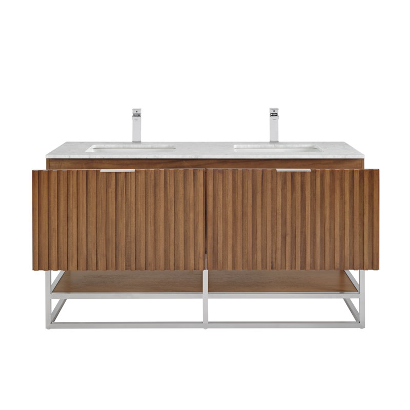 Terra 60'' W Double Vanity, Walnut, Carrara Marble/Single Faucet Mount, Brushed Nickel