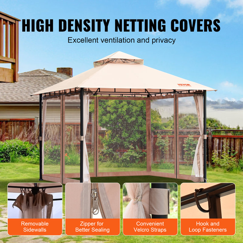 Beige Polyester 10x10 ft Patio Gazebo with Mosquito Net and Metal Frame