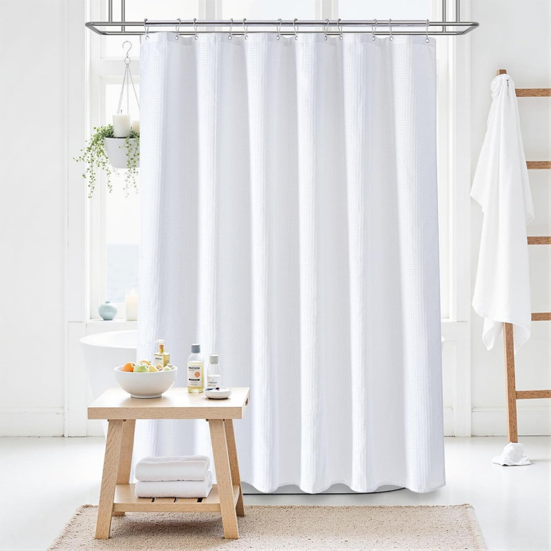 Extra Wide 275 x 182 cm Waffle Shower Curtain with 18 Plastic Hooks, White, White