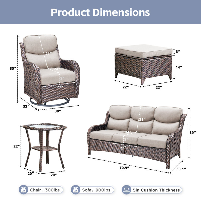 Ensemble de conversation de jardin en rotin pour 5 personnes avec repose-pieds, Beige, Brun