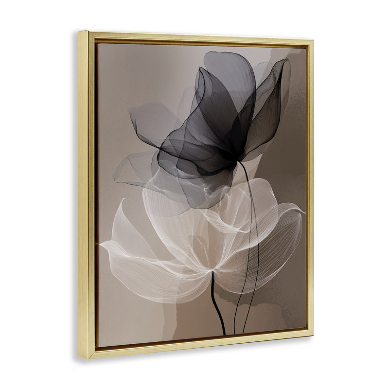 «Gauzy Flowers on Brown Gold», art par Annabelle Hall, H 31 po x l 25 po, Cadre flottant gris lustré