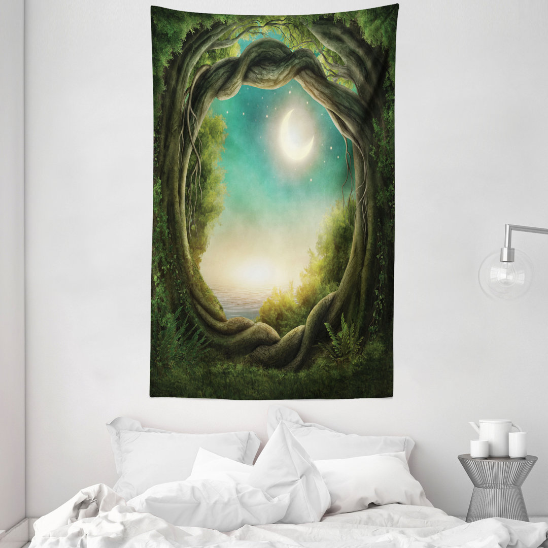 Wandteppich, mystischer Baum, Wald, Teal Grün und Creme