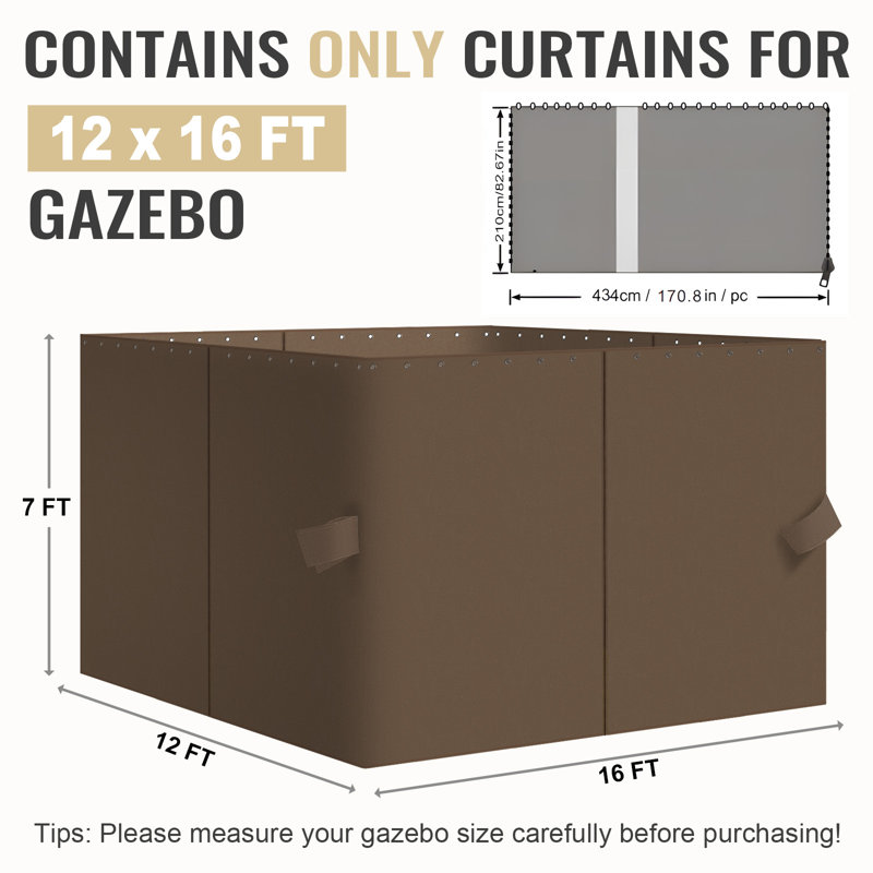 4-Panel Outdoor Gazebo Curtains, 82.7" H x 144" W192" D, Brown