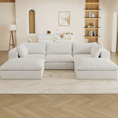 118.2" 5 - Seat White Corduroy Cloud With Removable Double Layer Cushion, No Assembly For Quiet And Busy Places, Feather Filled Comfort, Soft Fabric Full Sponge, High Density Compression Technology