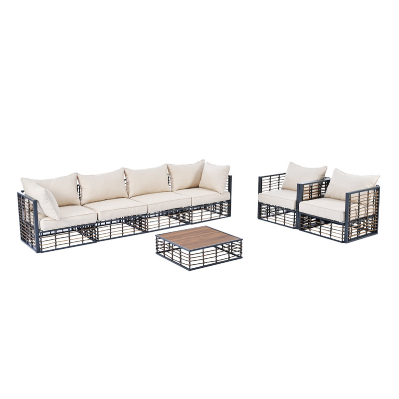 Ensemble de canapé modulaire de patio en métal 7 pièces Modern Modern, Noir, Beige