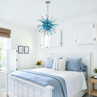 Blue Toned Hand Blown Glass Chandelier, Modern Semi Flush Mount
