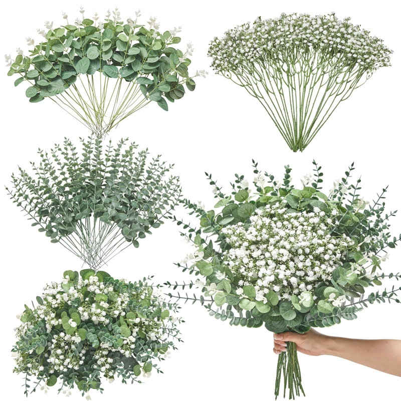 100 tiges d'eucalyptus mélangées avec du gypsophile, tiges de verdure artificielle et fleurs artificielles de gypsophile en vrac pour bouquets à faire soi-même, centres de table de mariage, décorations florales