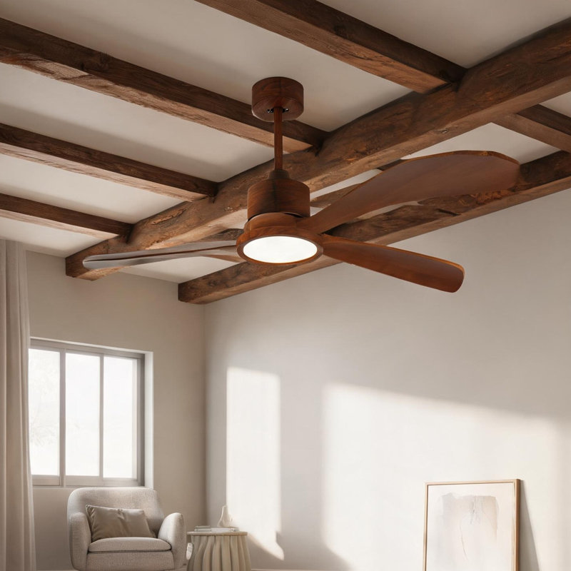 Ventilateur de plafond avec bois naturel, métal et bois, commande à distance et circulation d'air saisonnière, moteur à courant continu