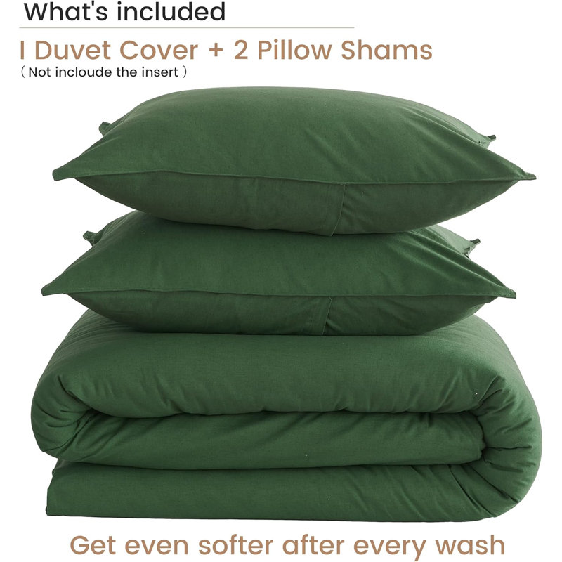 French Linen Duvet Cover Set 3Pcs With Hidden Zipper Closure Natural Flax Cotton Blend, Green