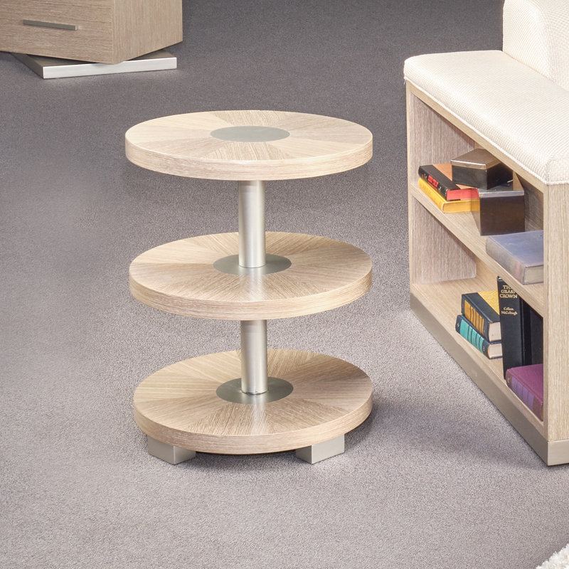 Beige and Gold Round Wood and Metal Chairside Table