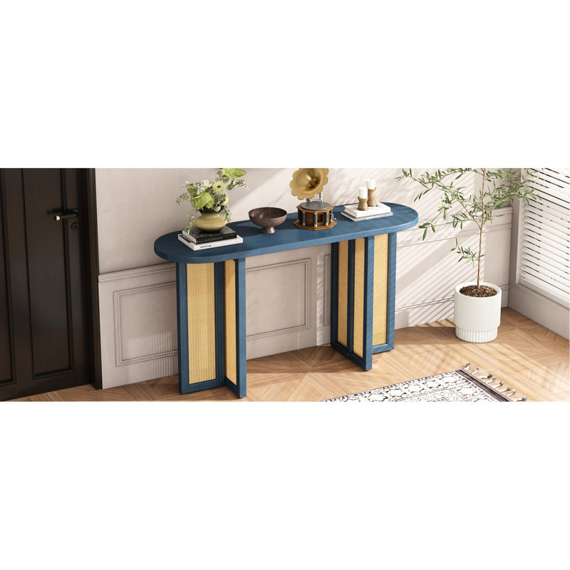 Table d'entrée polyvalente, style, rangement disponible, design Mid-Century, structure en bois massif, console ovale bleu marine, tissage, rangement, plateau de table étroit, bois, décoration de salon,