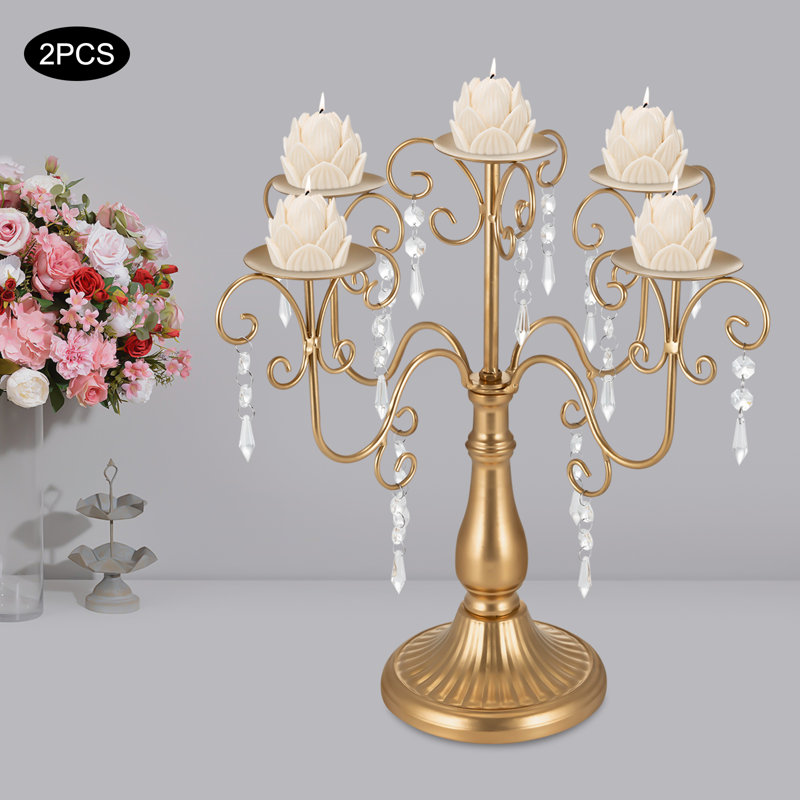 15.35"H Iron Tabletop Candelabra With Crystals Decor, Gold