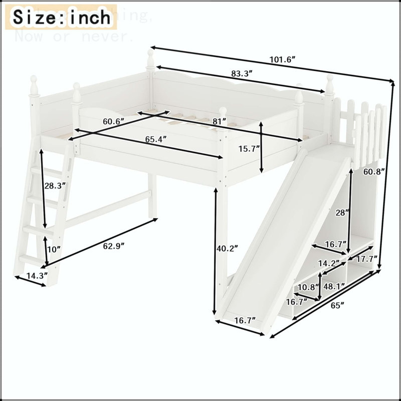 Grand lit mezzanine avec tablettes de rangement, garde-robe et glissade amovible, Grand lit, Beige
