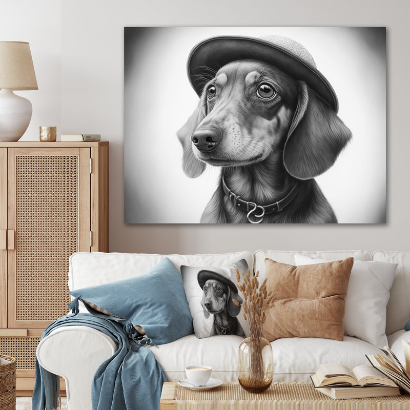 Teckel noir et blanc avec un chapeau - animaux, art mural sur toile, L 32 po x H 24 po, Toile tendue