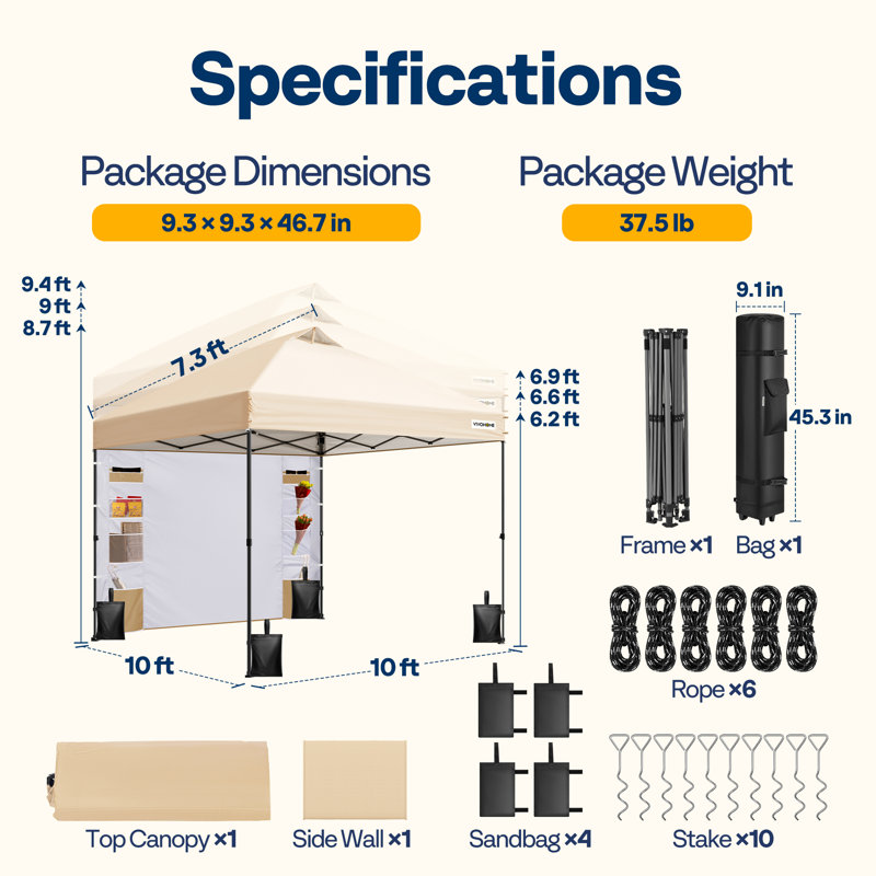 Pop Up Canopy Tent with Detachable Sidewall, Beige, 10ft x 10ft