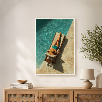 «Woman Sunbathing Pool Hat Shade», art mural sur toile avec cadre flottant, prêt à être suspendu