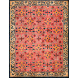 Antique Chinese Wool Pile Room Size Floral Pomegranate Design Pink Art Deco Rug