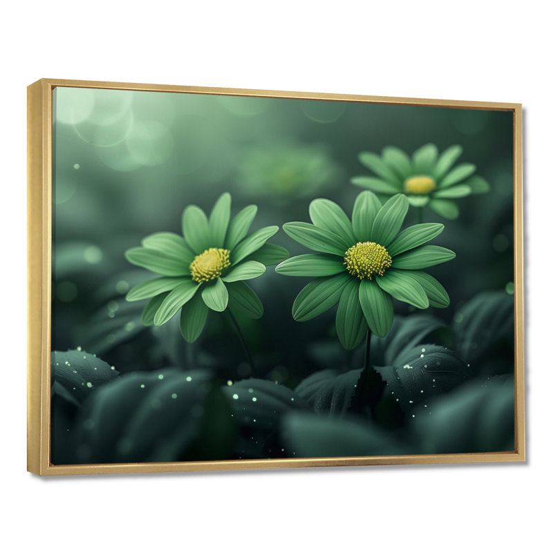 «Green Winter Nirvana Daisies» - impression d'art mural marguerites, H 30 po x l 40 po, Cadre flottant doré