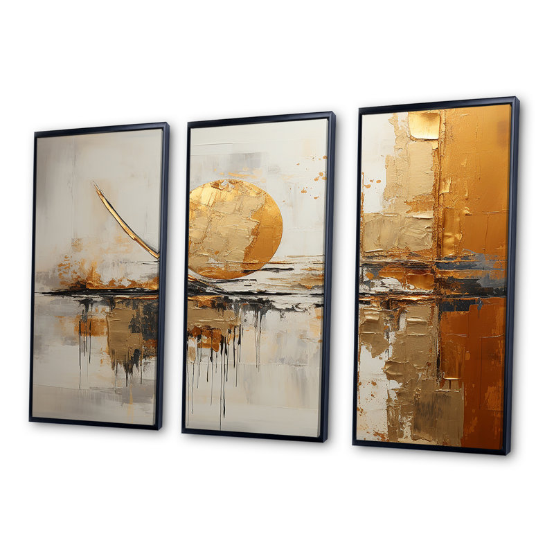 Or et beige Renaissance Rhythms - Formes abstraites, art mural sur toile, Cadre flottant noir, H 40 po x l 60 po x P 1 po