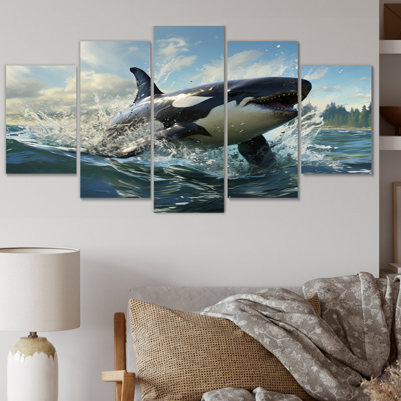 Blanc et noir, animaux marins, majestueux orques - Art mural sur toile animaux marins - 5 panneaux