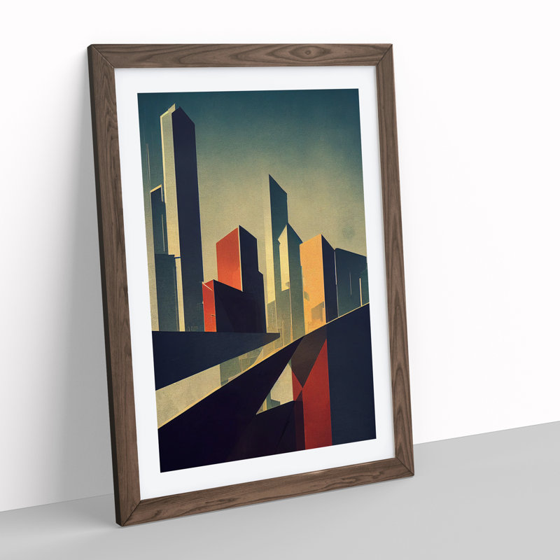 Angular City Skyline - Single Picture Frame Print, Walnut, 64cm H x 46cm W x 2cm D