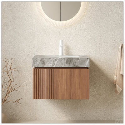 Meuble-lavabo de salle de bain 24 po MURI, armoire de rangement en contreplaqué flottant avec 2 portes, plateau en pierre frittée gris clair et lavabo en céramique avec 1 trou de robinet pré-percé, pré-assemblé, grain de bois de chêne brun