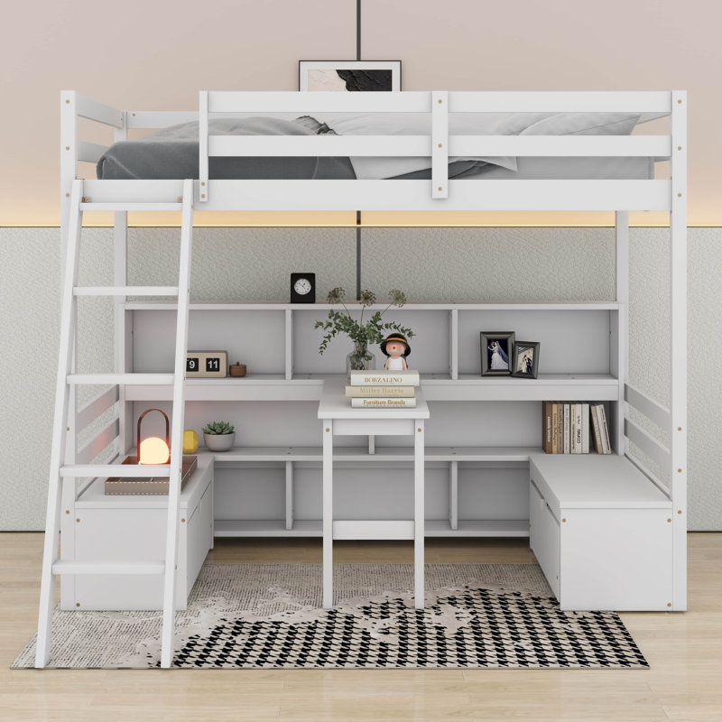 Lit mezzanine simple avec tablettes de rangement, tiroirs, siège et bureau, Blanc