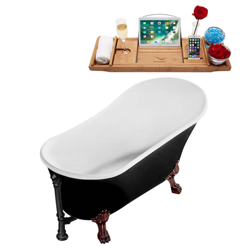 59" Streamline Clawfoot Soaking Acrylic Bathtub With Drain, Clawfeet, and Bamboo Tray, Matte Black, Matte Oil Rubbed Bronze