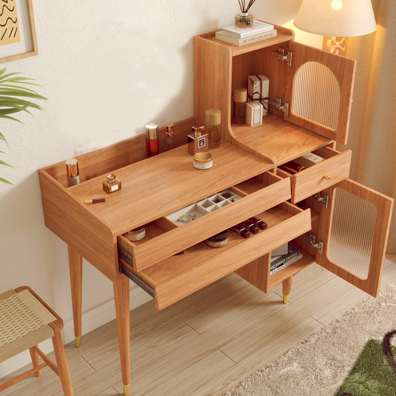 Hyers Solid Wood Leg Vanity with Glass Door Cabinet, Cherry