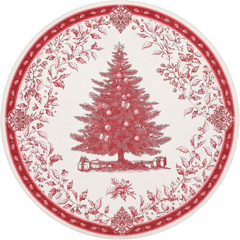 Christmas Tree Print Non-Slip Indoor Rug – Washable Soft Holiday Doormat for Entryway, Kitchen, Bathroom, Bedside -Thin Red Carpet