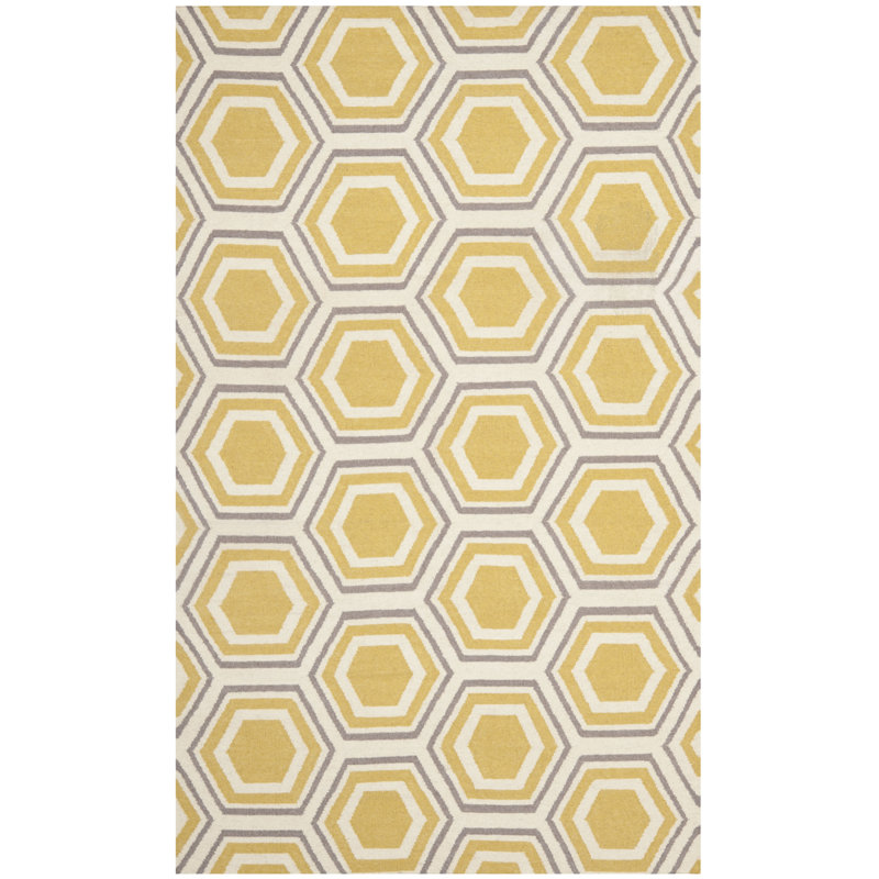 Tapis jaune / beige en laine tissé à la main Robby, Rectangle 3 pi x 5 pi