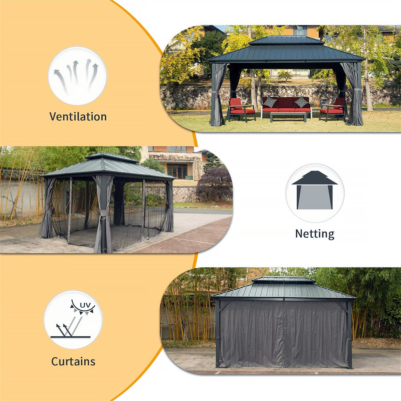 10' X 14' Hardtop Gazebo, Aluminum Metal Gazebo With Galvanized Steel Double Roof Canopy, Curtain And Netting, Permanent Gazebo Pavilion For Patio, Backyard, Deck, Lawn