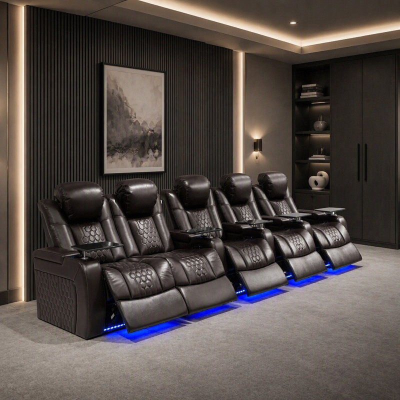 Ensemble de 5 fauteuils inclinables électriques de 155,5 pouces avec revêtement en cuir nappa pleine fleur, détente ajustable, chargement intelligent, DEL RVB, couleur café