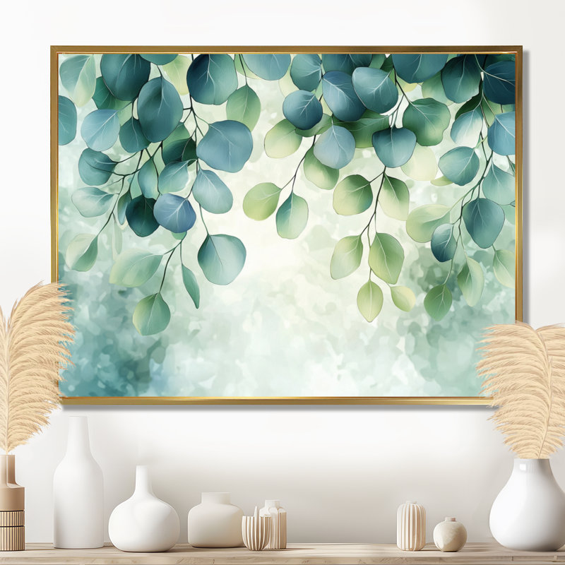 Iole Eucalyptus Leaves Dance Of The Foliage II - feuilles, art mural, H 30 po x l 40 po, Impression encadrée flottante, Doré